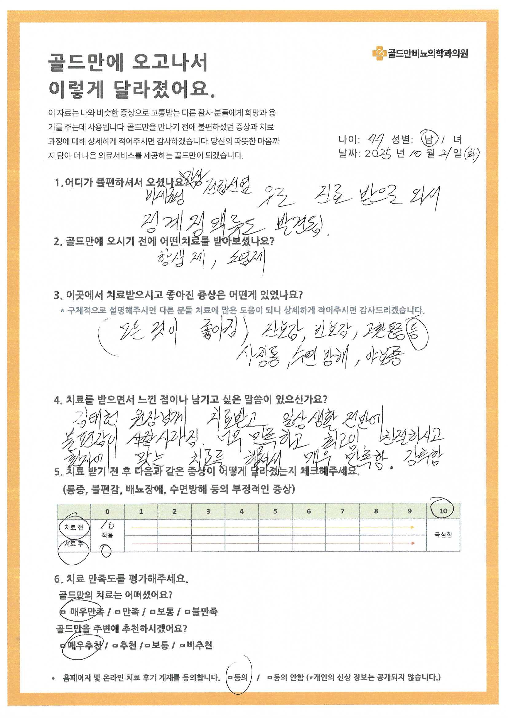 골드만 비뇨의학과, 전립선염 치료 후기.전립선염 치료 후 모든 증상 개선, 일상생활 만족.김태헌 원장님 치료, 일상 불편 사라짐. 매우 만족.전립선염 치료 전후 증상 변화 및 만족