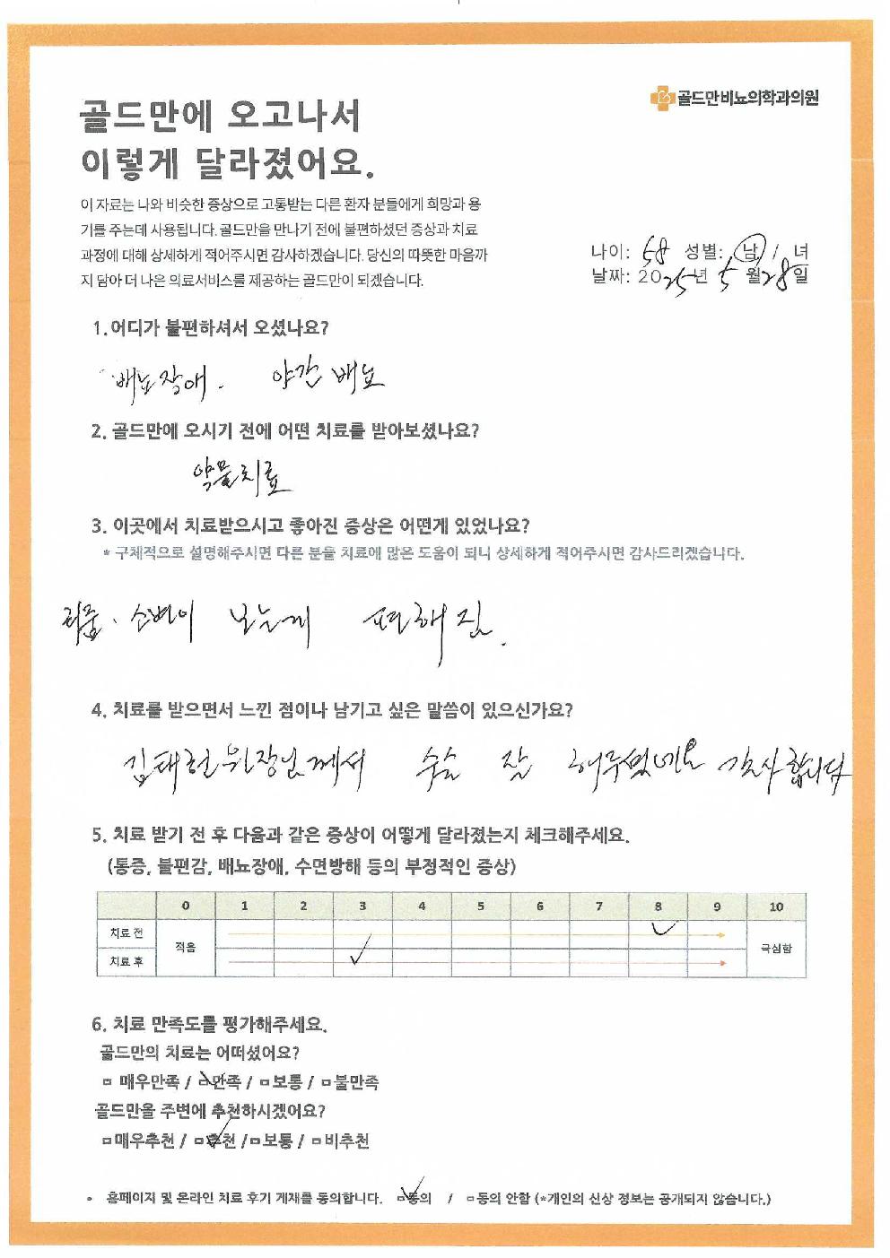 골드만 비뇨의학과 치료 후기, 배뇨장애 개선 사례배뇨장애 환자의 골드만 비뇨의학과 치료 후기골드만 비뇨의학과, 리줌 시술 후 배뇨 편해짐김태헌 원장님께 받은 치료 후기, 배뇨장애 