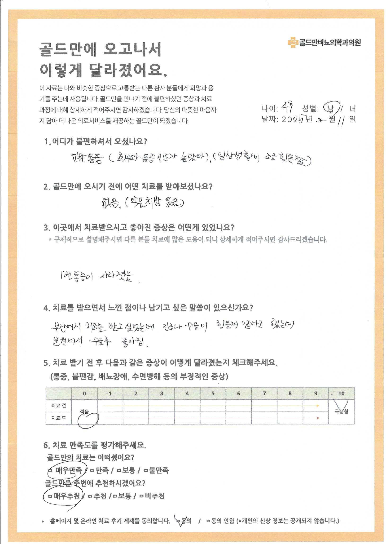 고환 통증 환자의 골드만 비뇨의학과 의원 치료 후기.