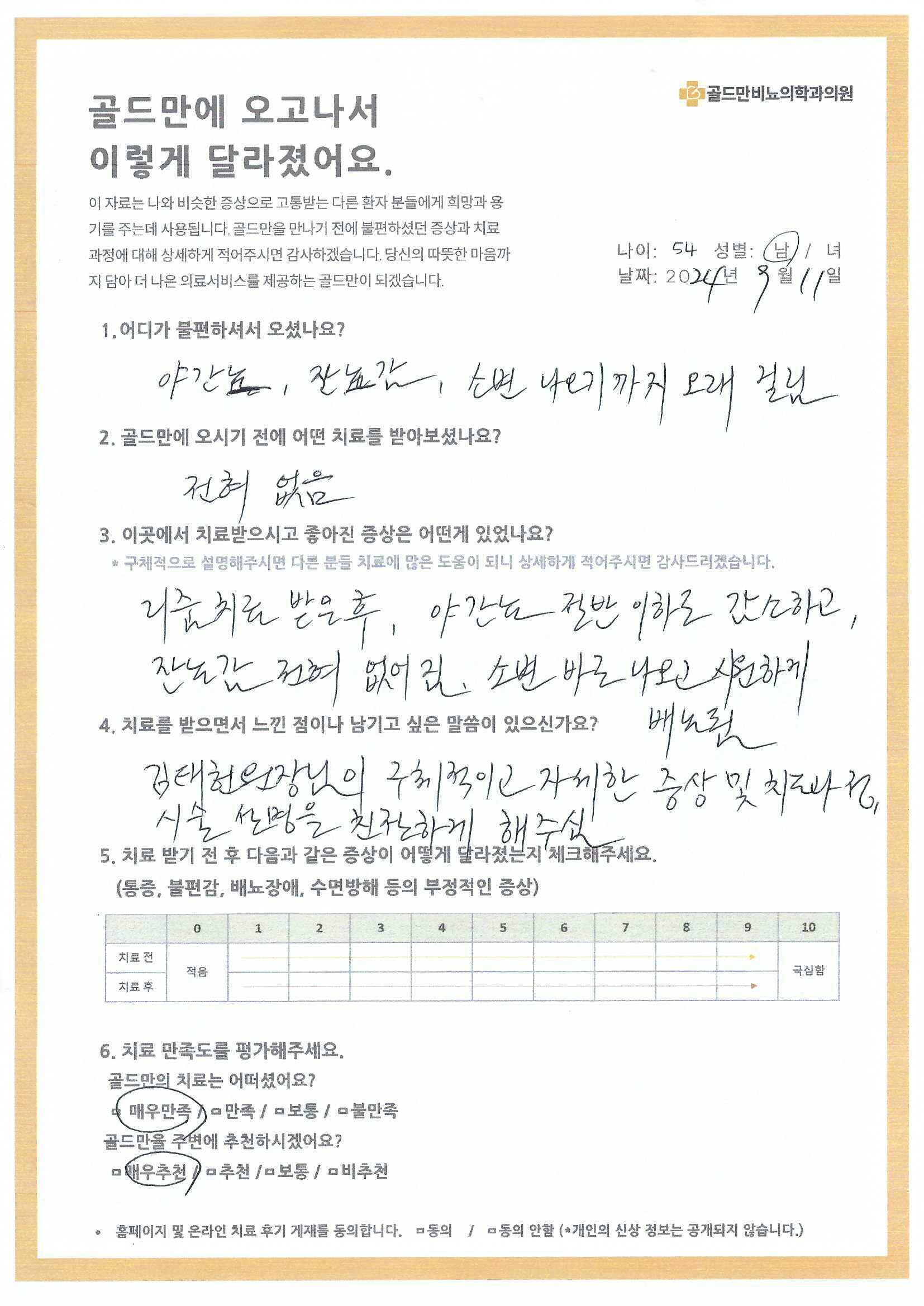 골드만 비뇨의학과 의원, 리줌 치료 후 야간뇨 감소, 잔뇨감 해소.