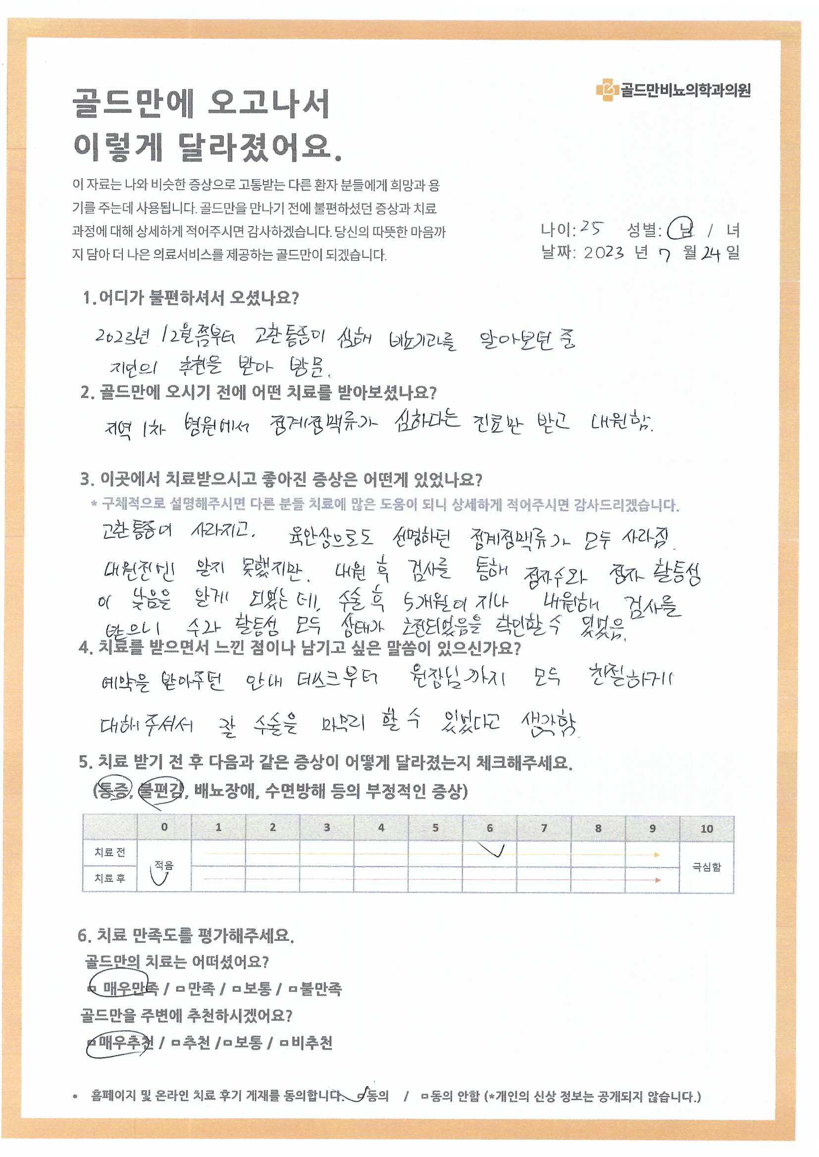 골드만 비뇨의학과 의원 환자 치료 후기고환통증 사라짐, 정계정맥류 소멸, 정자 상태 호전친절한 안내, 꼼꼼한 진료, 만족스러운 치료 결과치료 전후 증상 변화 및 만족도 평가