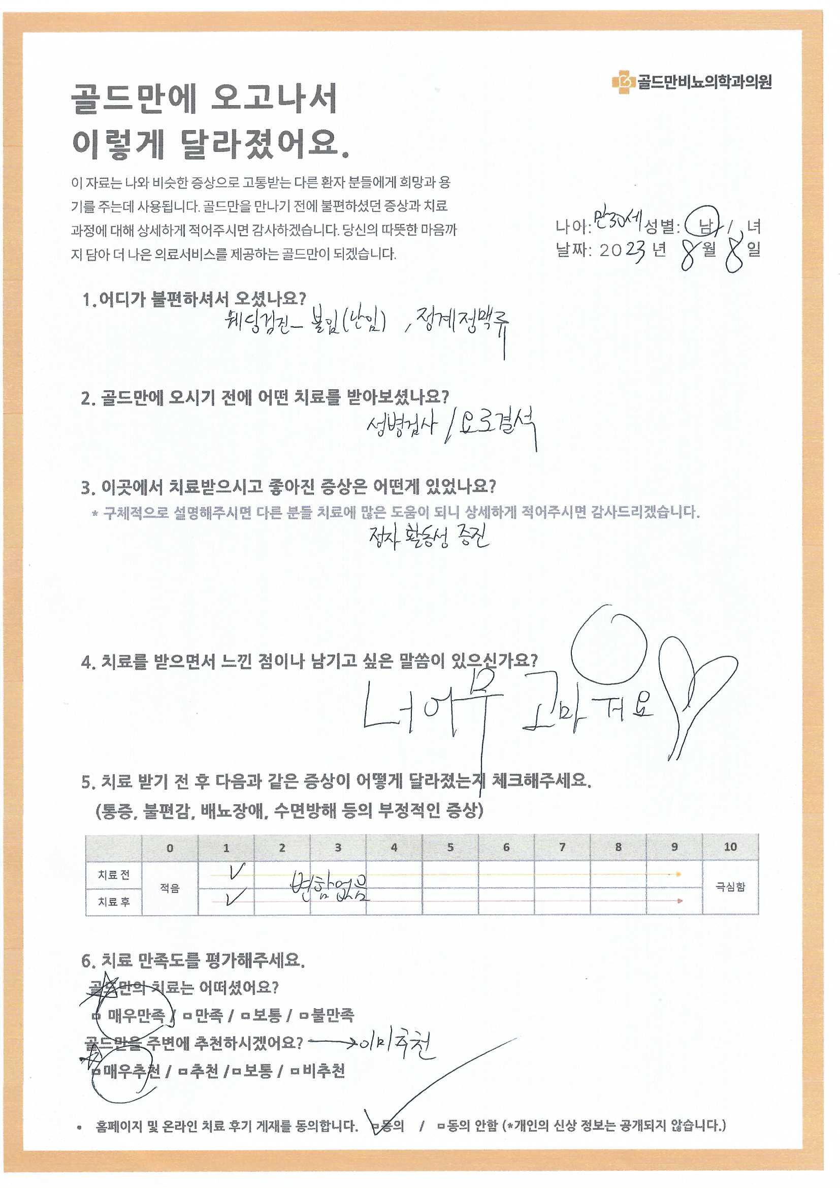 웨딩검진, 불임, 난임, 정계정맥류 치료 후기정자 활동성 증진 치료 후기골드만비뇨의학과의원 치료 후기 (남, 30세)치료 전후 증상 변화 및 만족도 설문